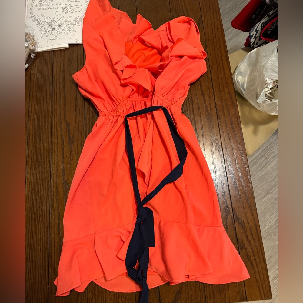 Orange-ish red dress with removable baby blue bow.